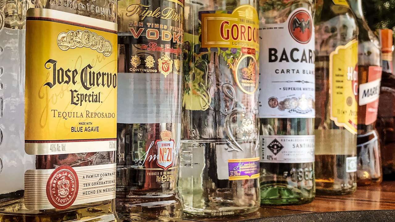 Bottles of spirits such as tequila, vodka, gin and rum